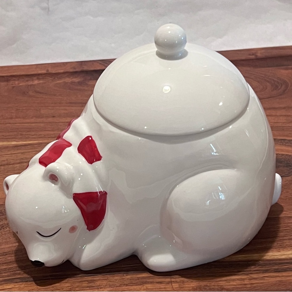 Magenta Ceramic Blushing Polar Bear Canister Jar White/Red